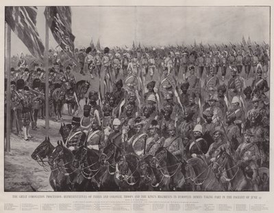 La gran procesión de coronación, representantes de tropas indias y coloniales y los regimientos del rey en ejércitos europeos participando en el desfile del 27 de junio de Richard Caton Woodville junior